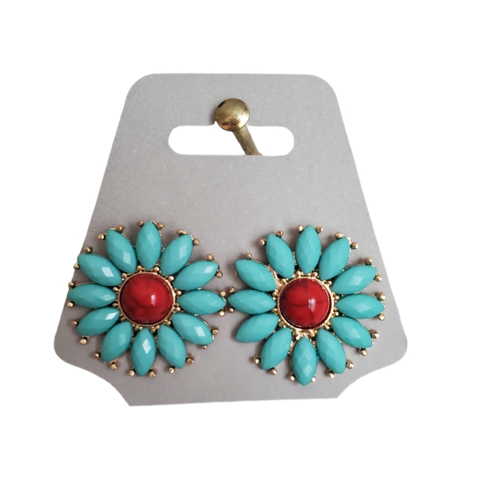 Turquoise and Coral colored Floral stud earrings